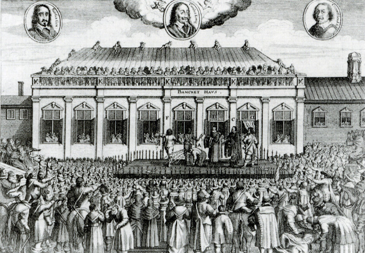 Engraving of the execution of Charles I showing the Banqueting House, the soldiers and the crowds